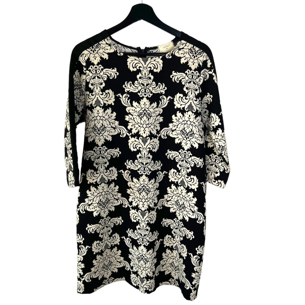 Everly Black White Damask Print Unstructured Long Sleeve Above Knee Dress Large